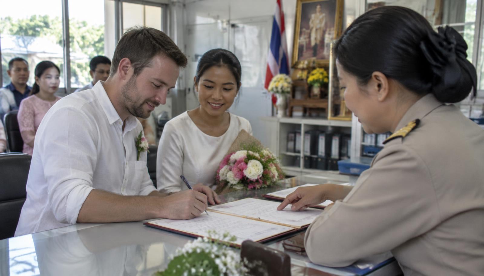 คู่สมรสไทย–ต่างชาติลงนามจดทะเบียนสมรสที่สำนักงานเขต/อำเภอ