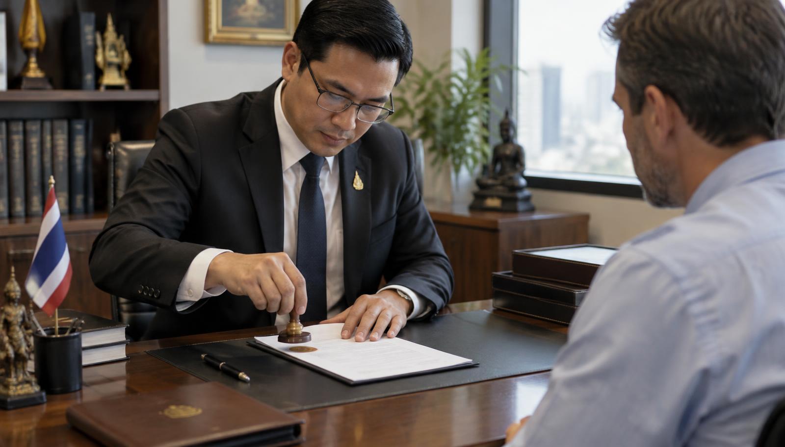 Notary Public ลงนามและประทับตรารับรองเอกสารต่อหน้าลูกค้าชาวต่างชาติ
