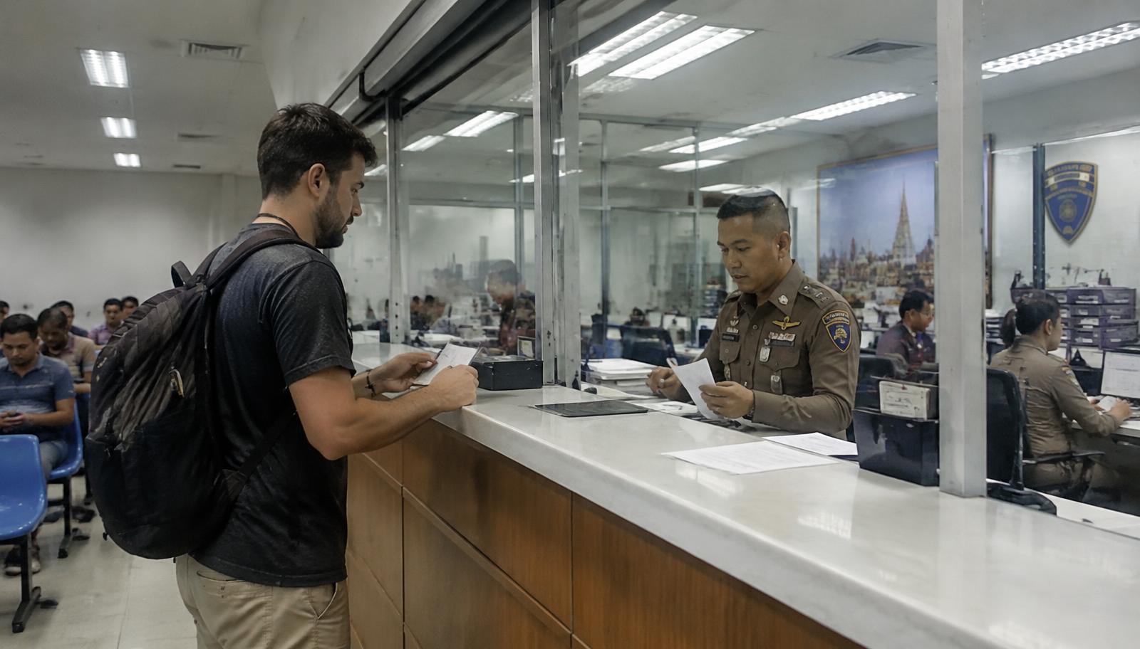 ชาวต่างชาติติดต่อเคาน์เตอร์สำนักงานตรวจคนเข้าเมือง